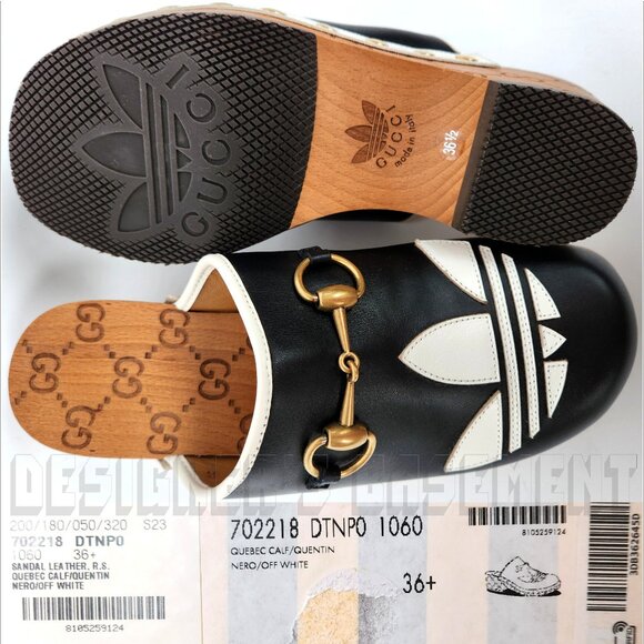 GUCCI x Adidas 36.5EU - 6.5US black Leather Trefoil logo GG platform Clogs shoes - Picture 7 of 12